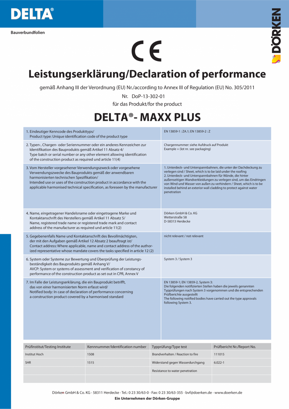 Pagina 1-Declaratie de performanta  DELTA Certificare produs Germana, Engleza Bauverbundfolien
...