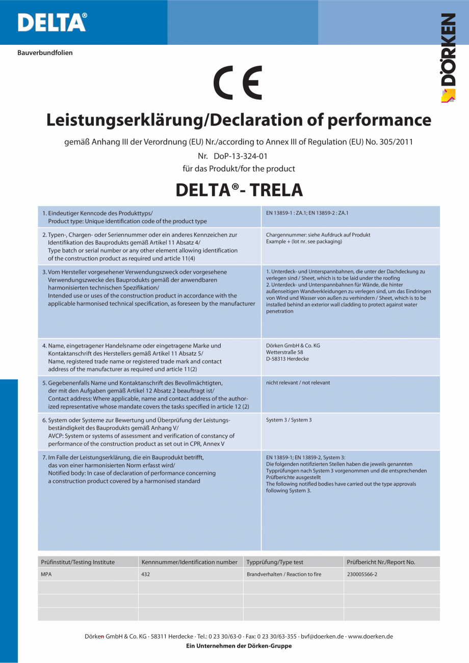 Pagina 1 - Declaratie de performanta  DELTA TRELA Certificare produs Engleza, Germana...