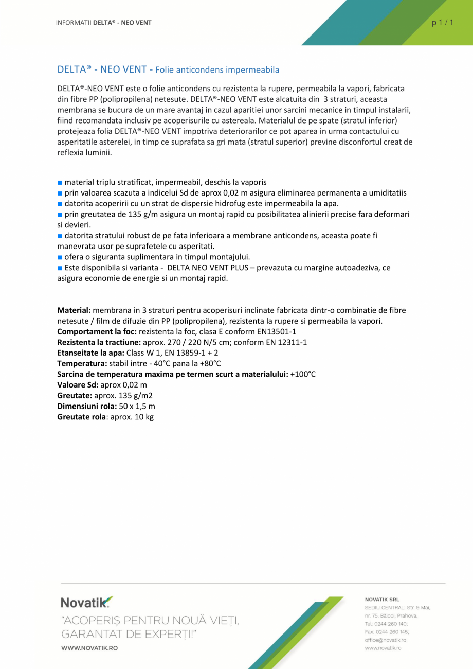 Pagina 1-Folie anticondens impermeabila DELTA NEO VENT Catalog, brosura Romana INFORMATII DELTA® - NEO VENT
...