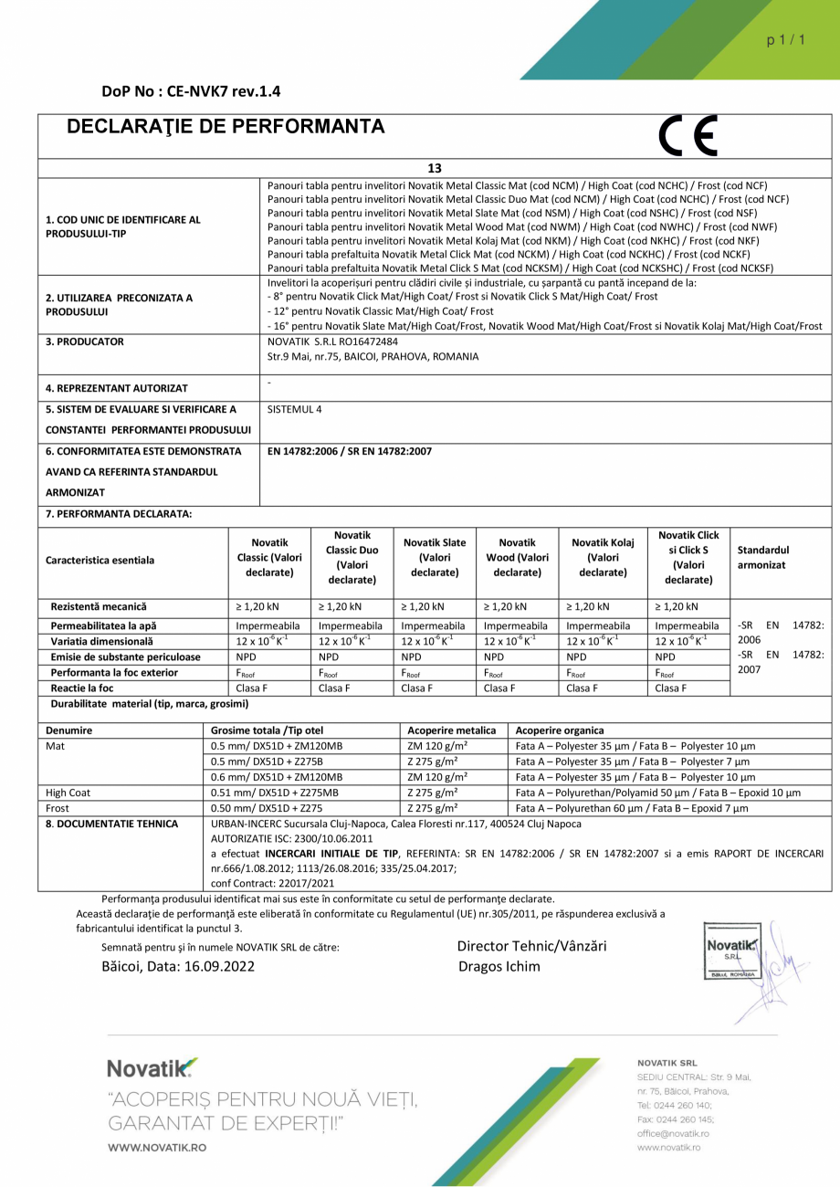 Pagina 1 - Declaratie de performanta NOVATIK | METAL Click, Click S Certificare produs Romana p1/1

...
