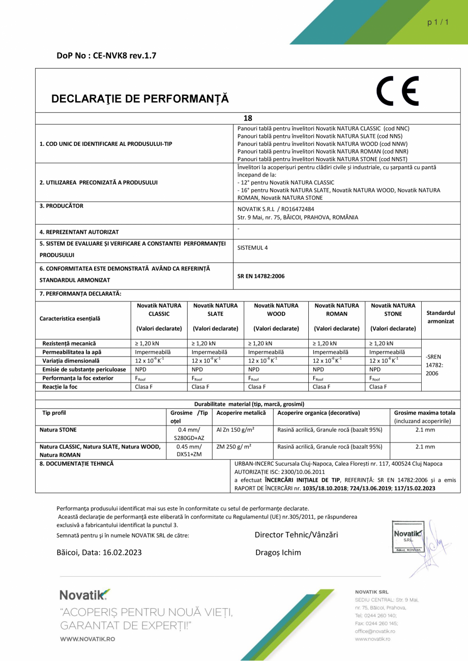 Pagina 1 - Declaratie de performanta Novatik Natura Novatik NATURA CLASSIC, ROMAN, WOOD, SLATE,...