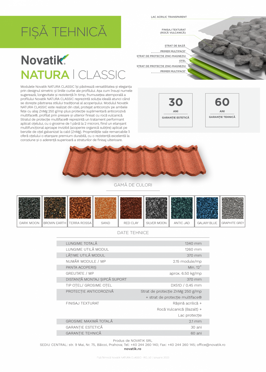 Pagina 1-Țiglă metalică cu acoperire de rocă vulcanică Novatik NATURA Novatik NATURA CLASSIC Fisa...