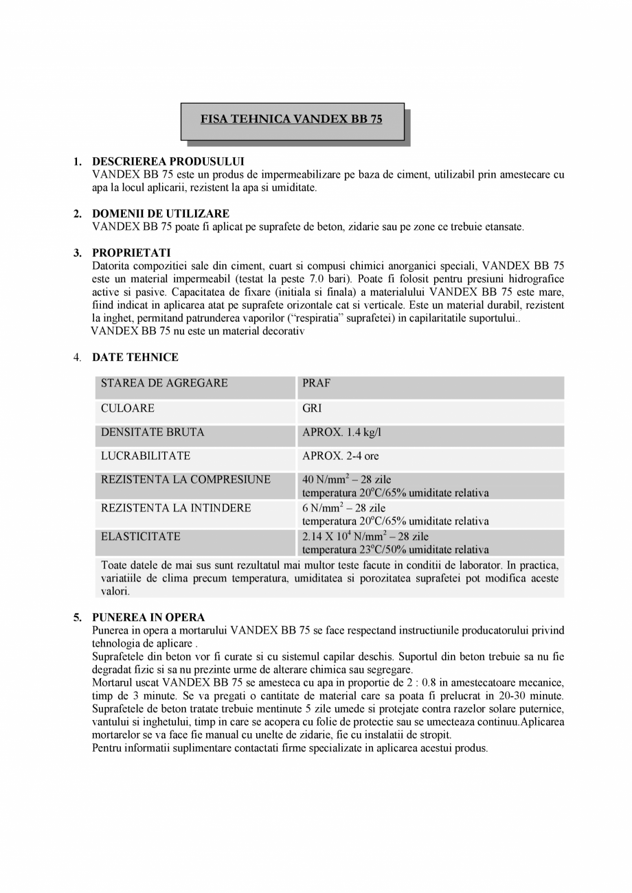 Pagina 1-Fisa tehnica cimenturi osmotice Vandex BB75  SASOIA Fisa tehnica Romana FISA TEHNICA VANDEX BB 75

1...