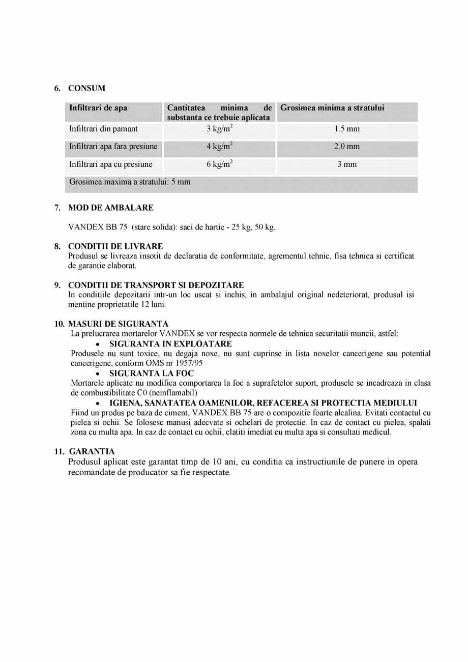 Pagina 2-Fisa tehnica cimenturi osmotice Vandex BB75  SASOIA Fisa tehnica Romana PROX. 2-4 ore
...