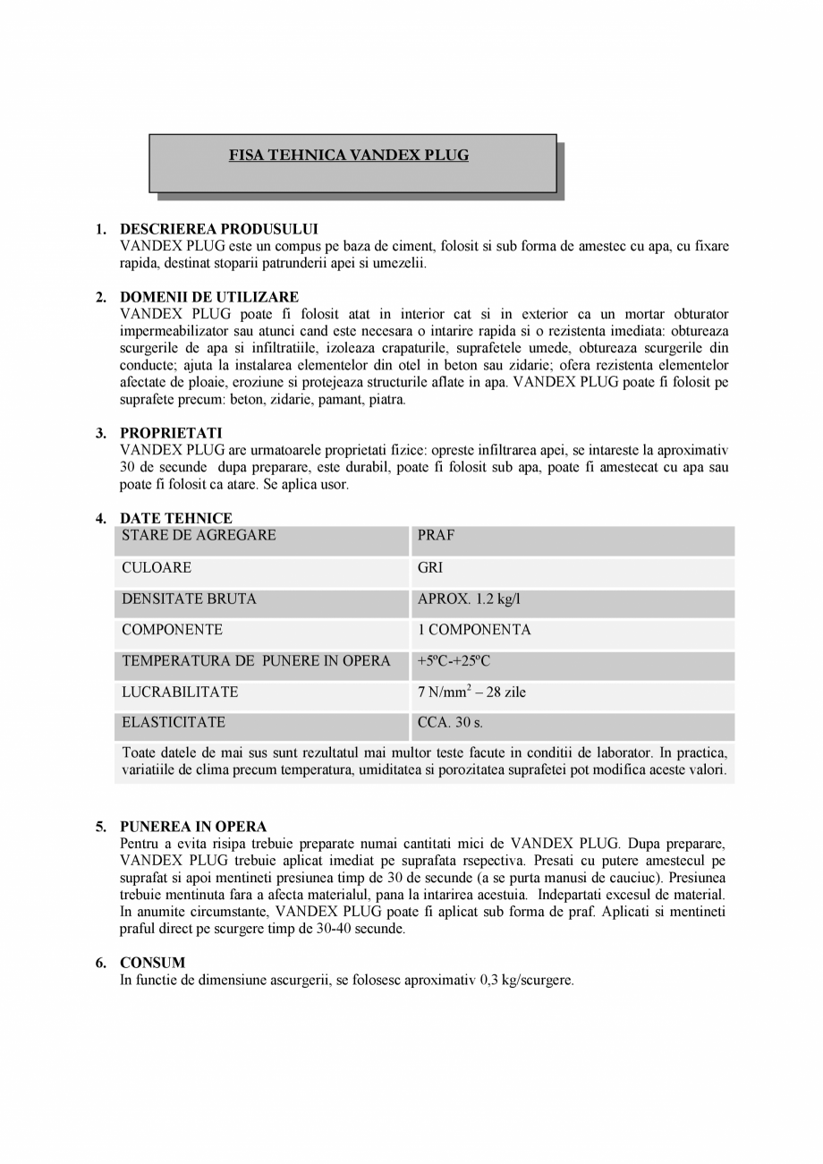 Pagina 1 - Fisa tehnica cimenturi osmotice Vandex PLUG  SASOIA Fisa tehnica Romana FISA TEHNICA...