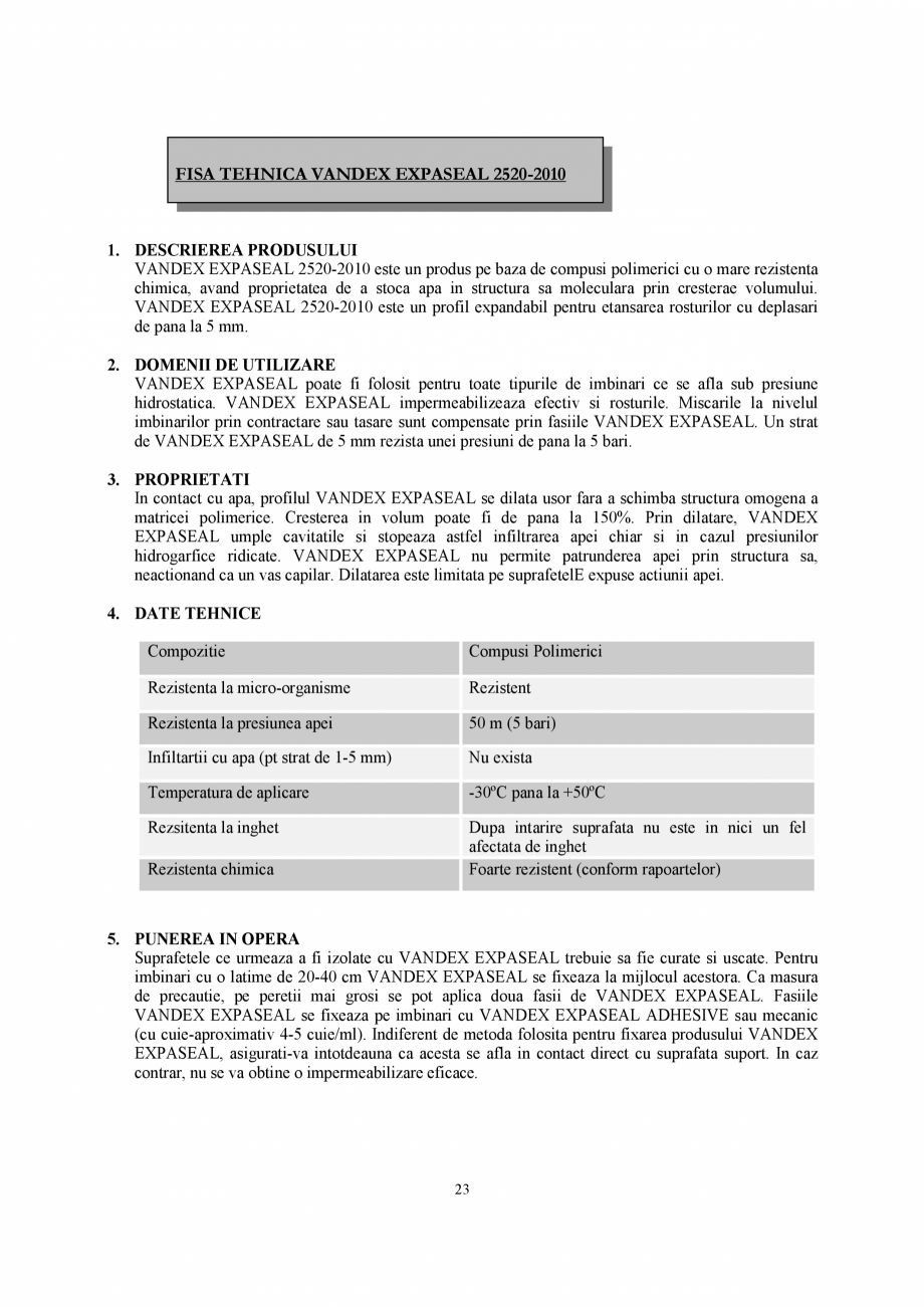 Pagina 1 - Fisa tehnica cimenturi osmotice Vandex EXPASEAL  SASOIA Fisa tehnica Romana ͝

FISA...