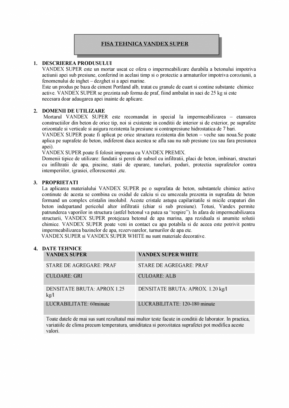 Pagina 1-Fisa tehnica cimenturi osmotice Vandex SUPER WHITE  SASOIA Fisa tehnica Romana FISA TEHNICA VANDEX...