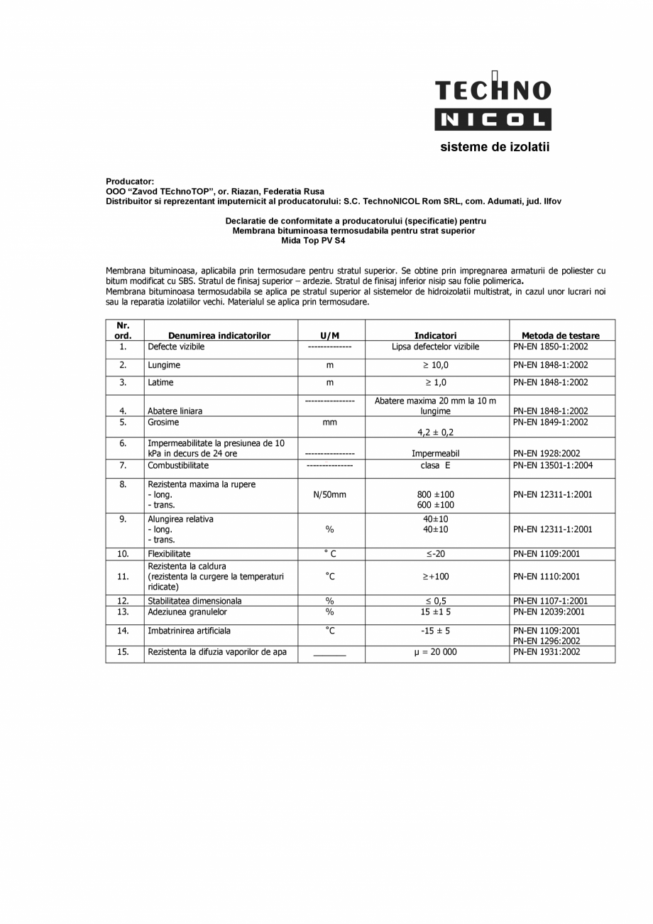 Pagina 1-Declaratie de conformitate a producatorului - Mida Top PV S4  SASOIA Certificare produs Romana ̮
...