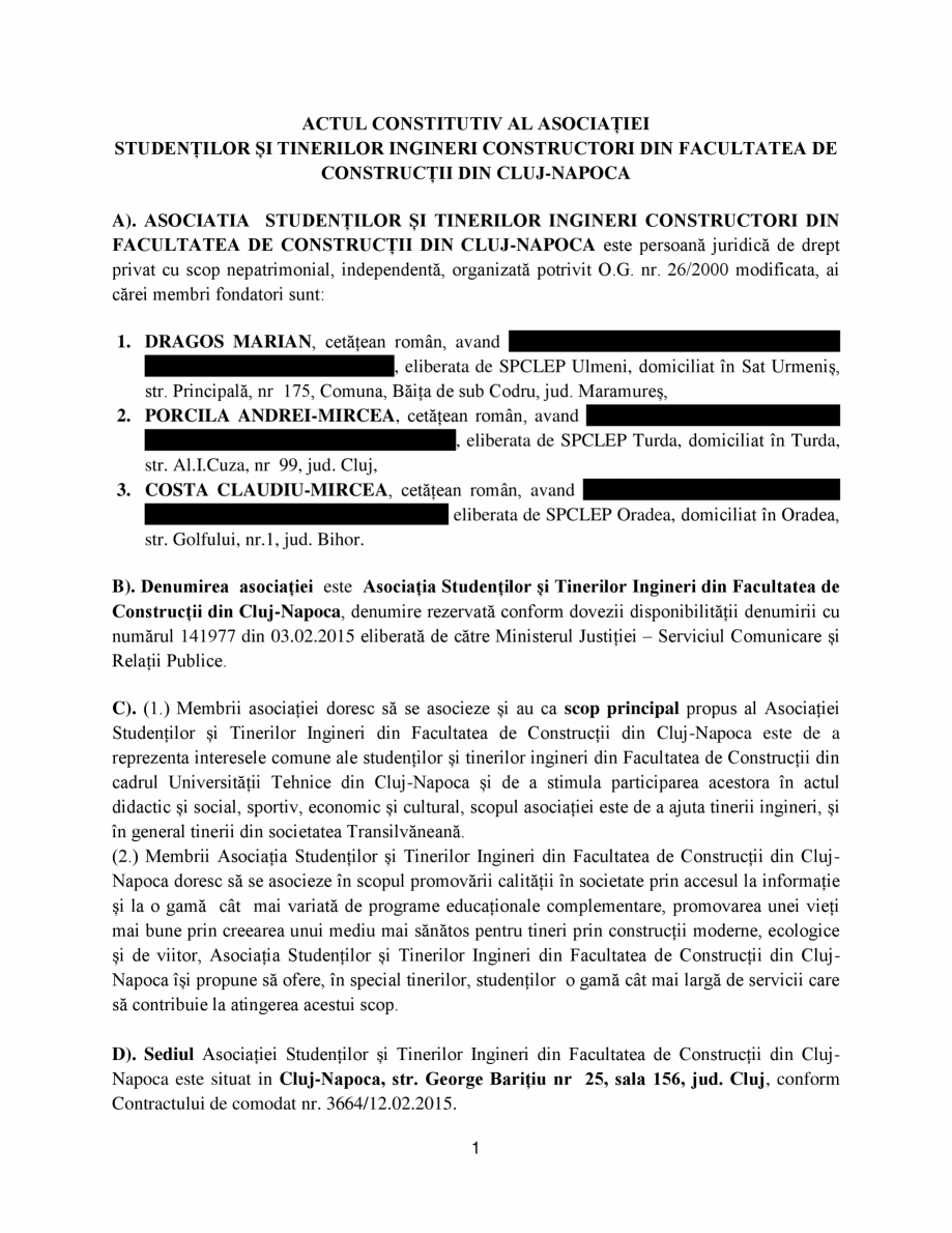 Pagina 1-Actul constitutiv al Asociatiei Studentilor si Tinerilor Ingineri Constructori din Facultatea de...
