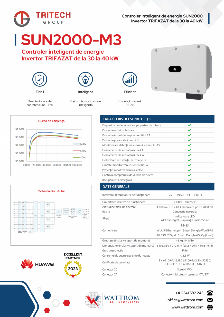 Pagina 1-Invertor TRIFAZAT de la 30 la 40 kW WATTROM SUN2000-M3 Fisa tehnica Romana Controler inteligent de...