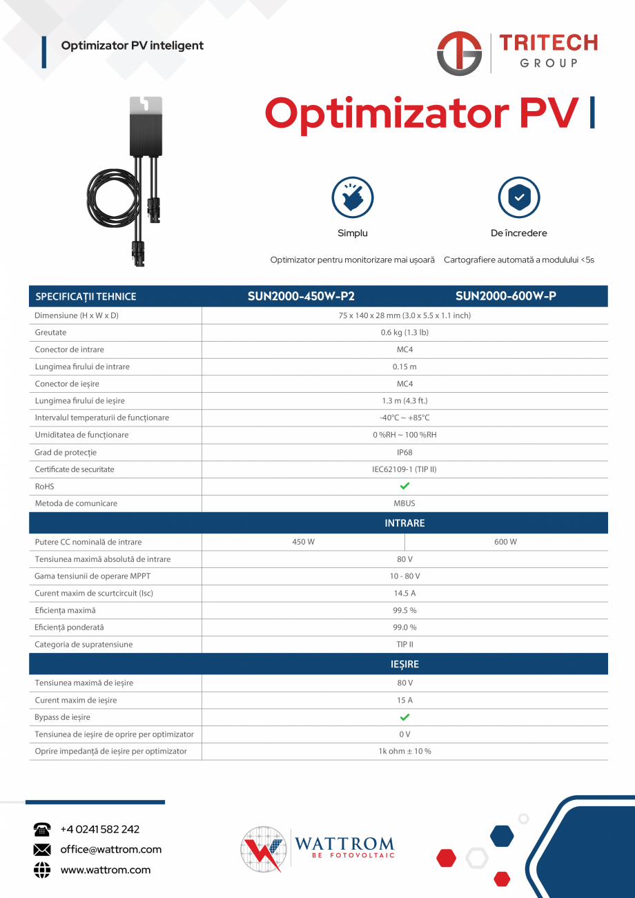 Pagina 1-Optimizator PV WATTROM SUN2000-450W-P2/SUN2000-600W-P Fisa tehnica Romana Optimizator PV inteligent
...