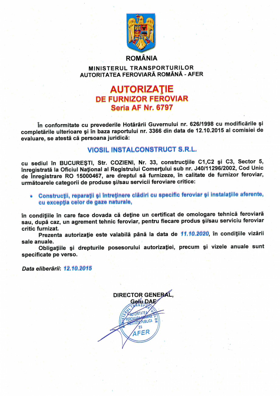 Pagina 1-Autorizatie de furnizor feroviar AFER  Certificare produs Romana 