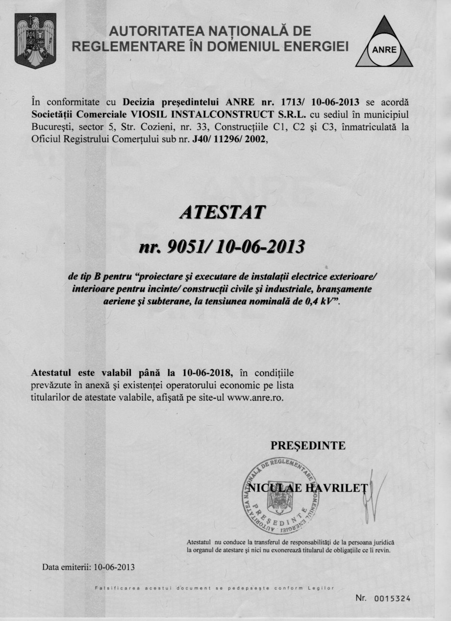 Pagina 1-Atestat ANRE pentru proiectare si executie instalatii electrice (Tip B)  Certificare produs Romana 