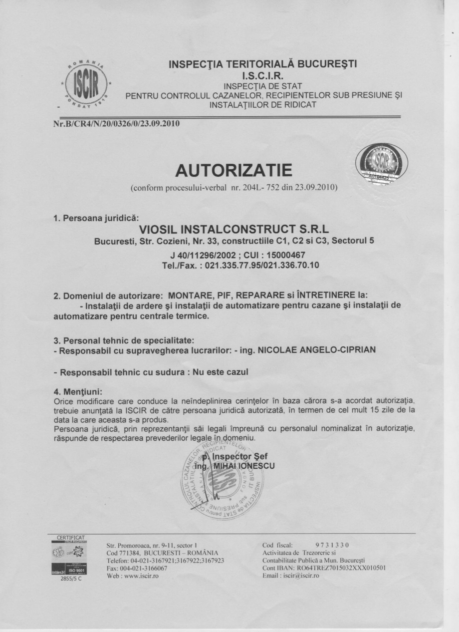 Pagina 1-Autorizatie ISCIR - Automatizari C11  Certificare produs Romana 