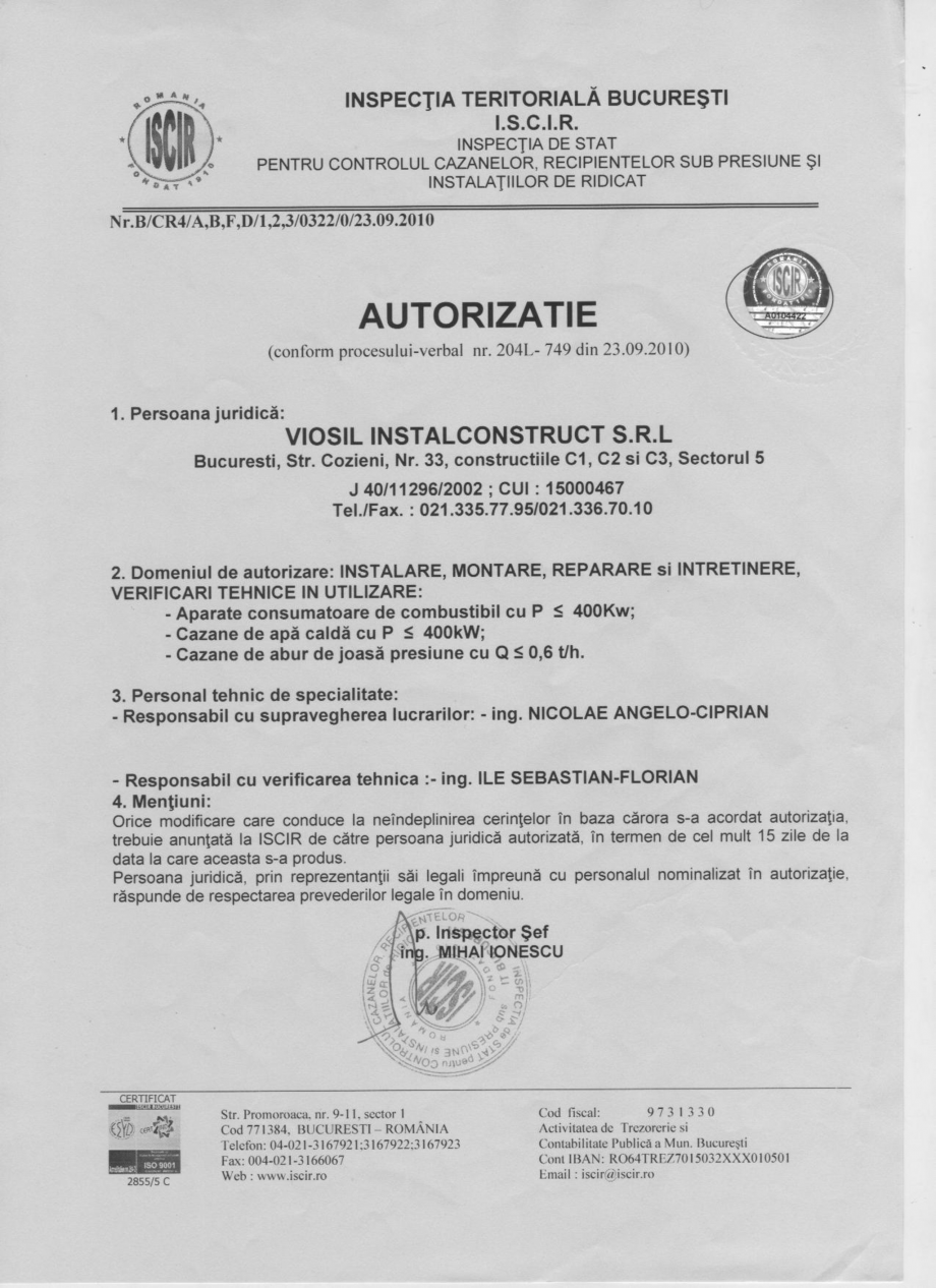 Pagina 1-Autorizatie ISCIR - Cazane A1  Certificare produs Romana 