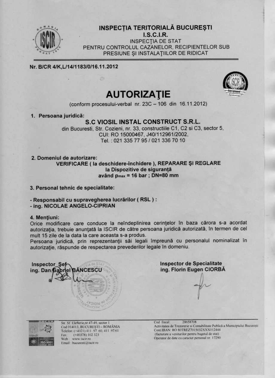 Pagina 1-Autorizatie ISCIR - Supape  Certificare produs Romana 