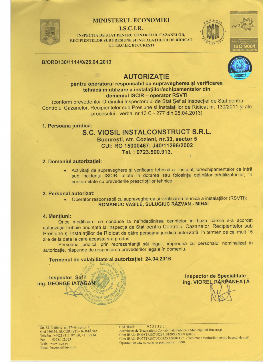 Pagina 1-Autorizatie ISCIR - Operator RSVTI  Certificare produs Romana 