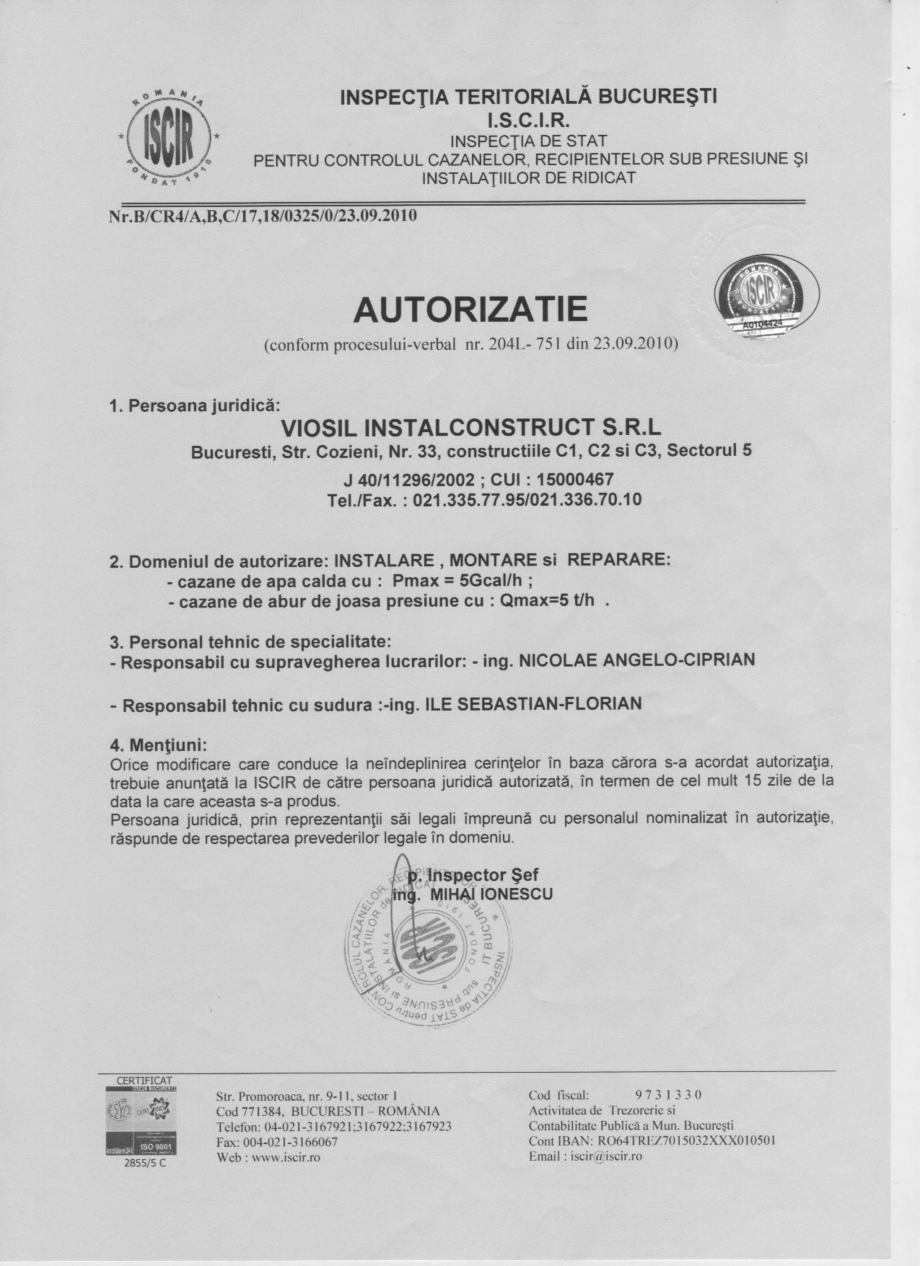 Pagina 1-Autorizatie ISCIR - Cazane C9  Certificare produs Romana 