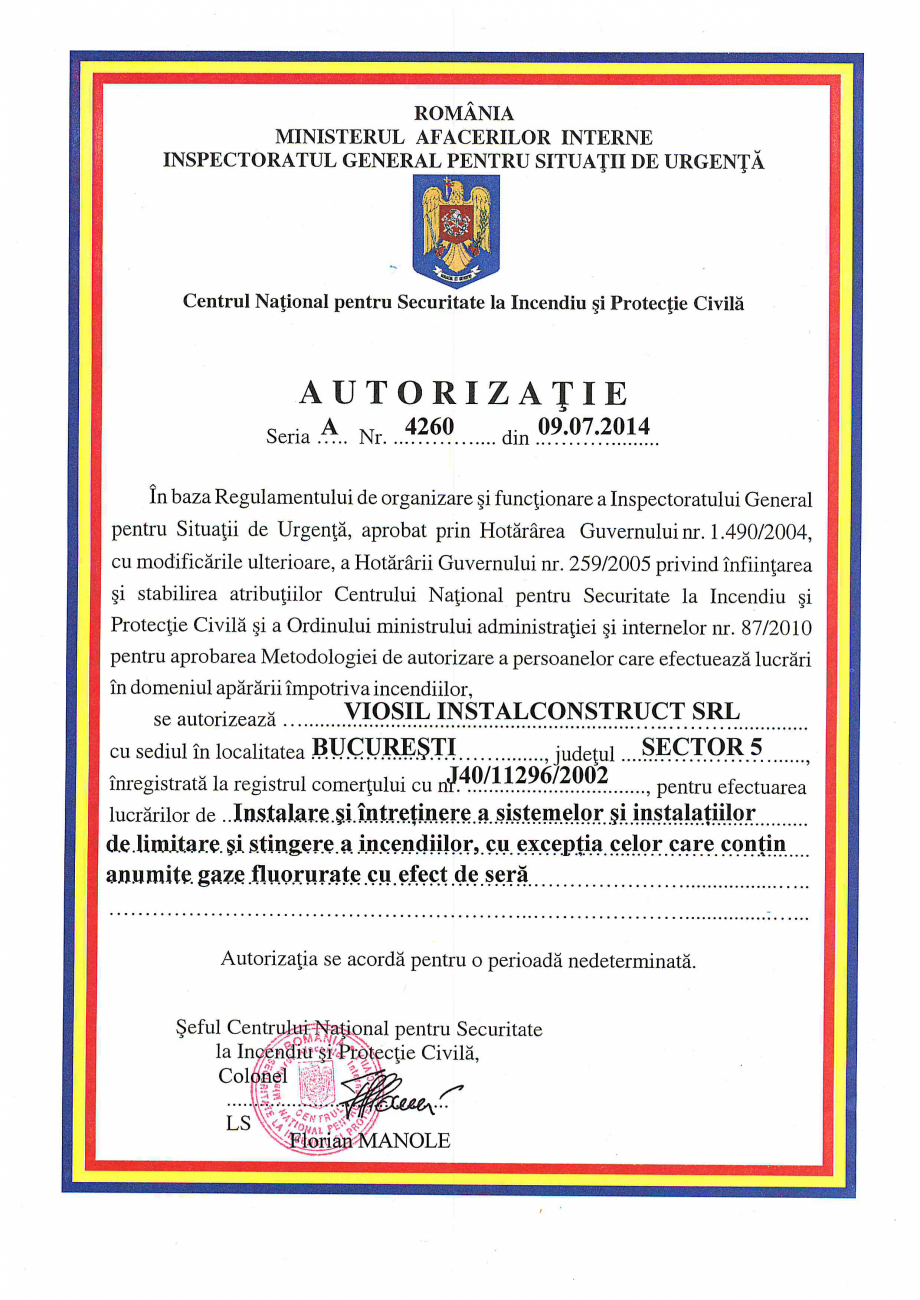 Pagina 1-Autorizatie pentru instalarea si intretinerea sistemelor si a instalatiilor de limitare/ stingere a ...