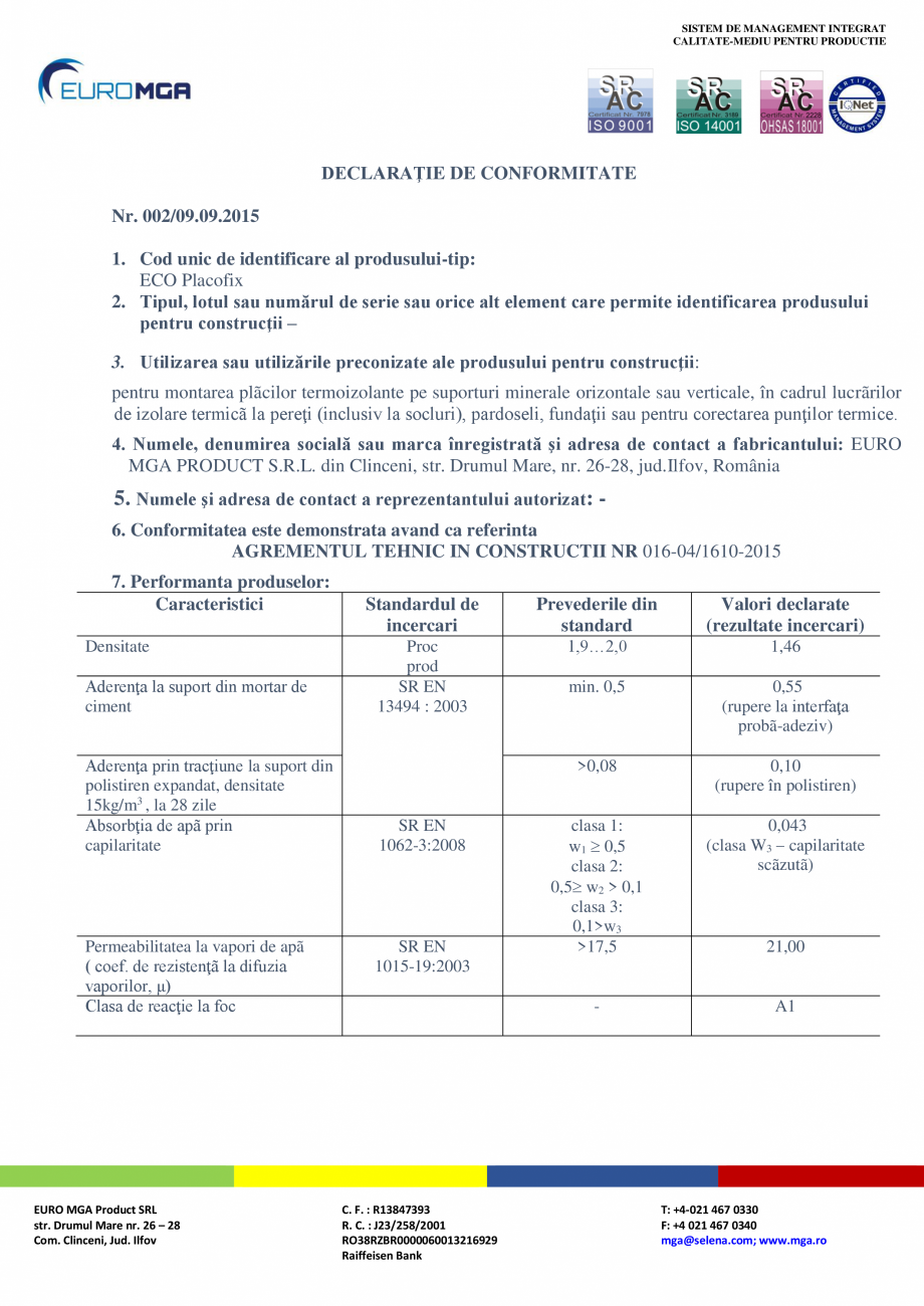 Declaratie De Conformitate Adeziv Pentru Polistiren Euro Mga Eco Placofix Certificare Produs Romana