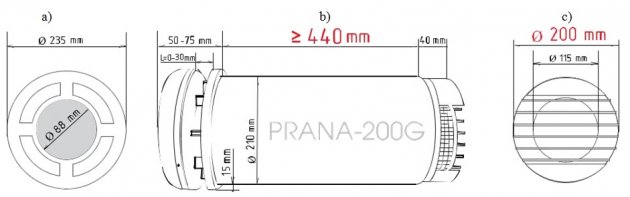 Schiță dimensiuni Recuperator de caldura - PRANA 200G PREMIUM PLUS