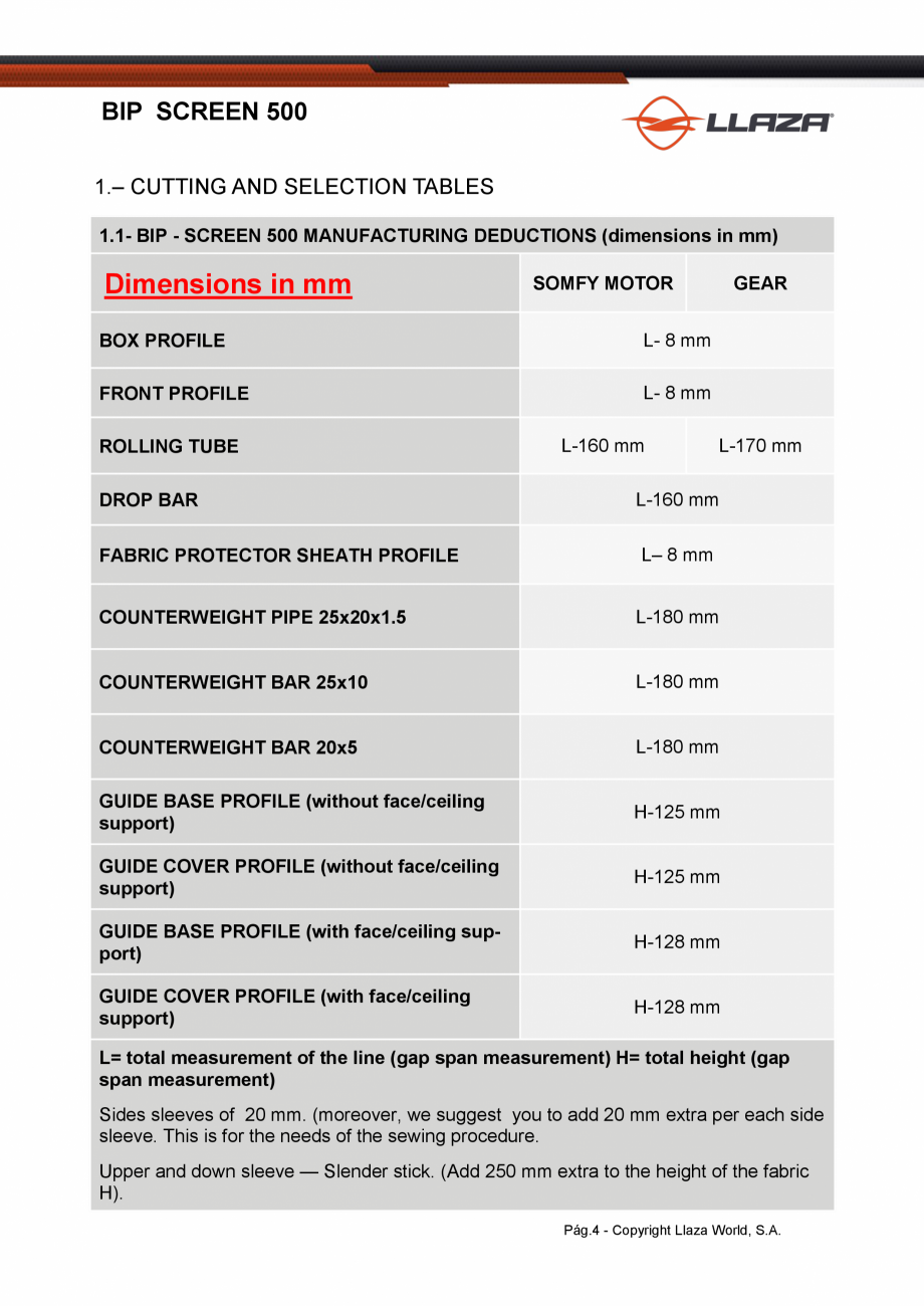 Pagina 4-Rulou din material textil perforat LLAZA Bip 500 Fisa tehnica Engleza .FABRIC 400 gr. aprox. / TECH....