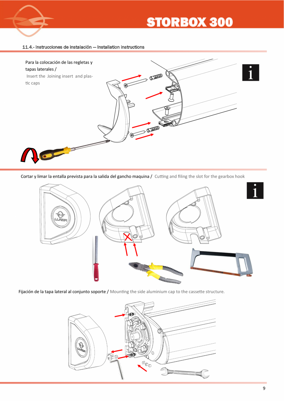 Pagina 9-Copertina casetata medie LLAZA StorBox 300 Instructiuni montaj, utilizare Engleza, Spaniola terfere ...