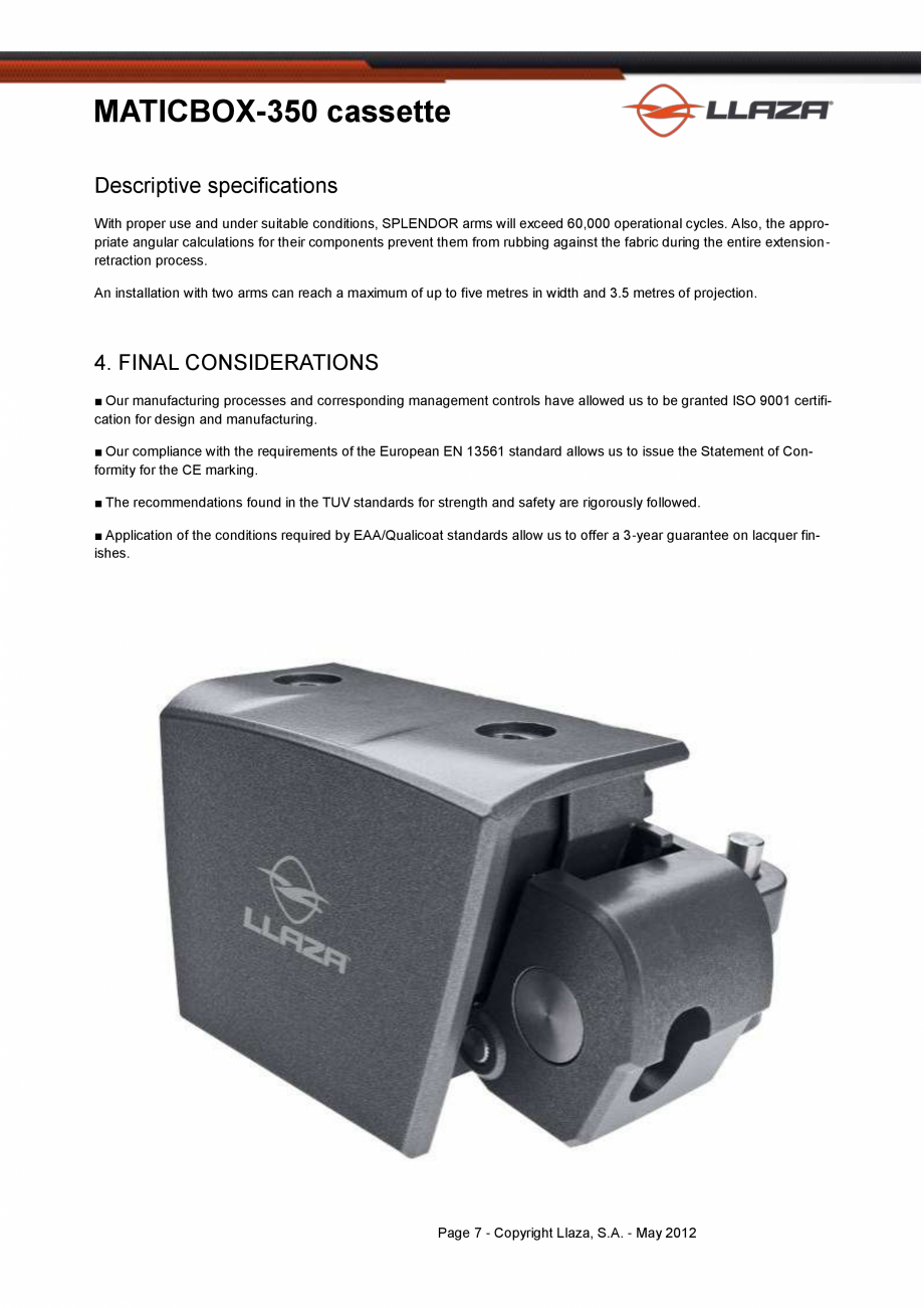 Pagina 7-Copertina casetata de dimensiuni mai mici LLAZA MaticBox 350 Fisa tehnica Engleza ENDOR arms will...