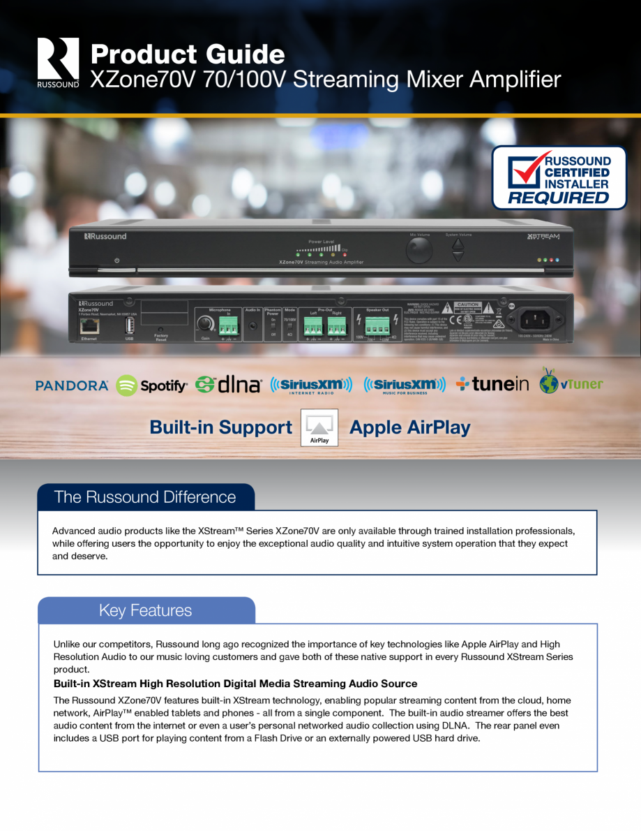 Pagina 1-Amplificator si mixer cu streaming integrat Russound XZone70V Fisa tehnica Engleza Product Guide
...