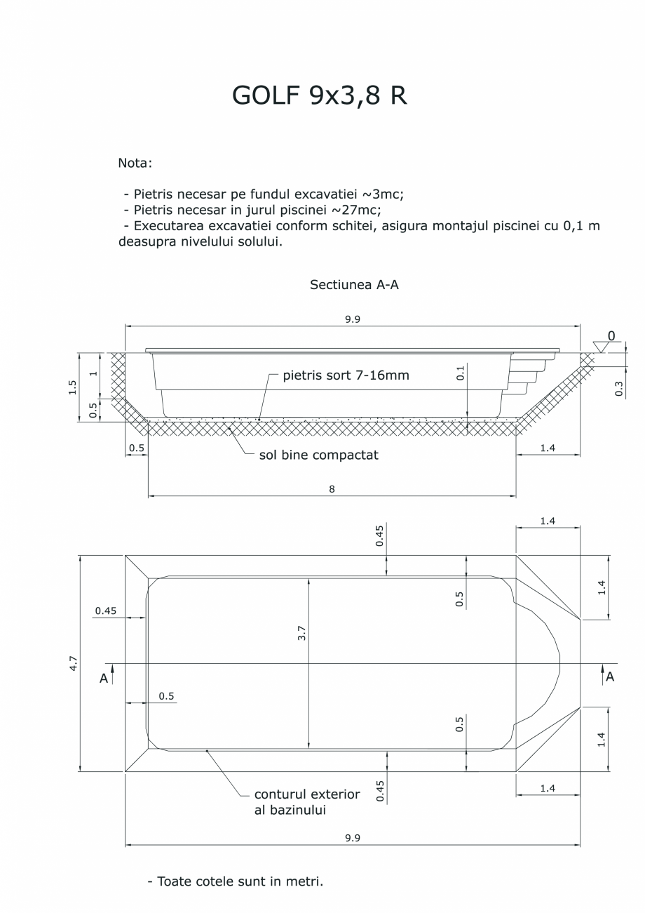 Pagina 1-CAD-PDF Schita excavatie piscina Golf 9X3,8  R SKYMIRROR Detaliu de montaj 