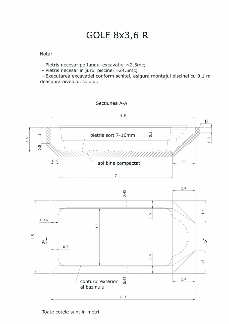 Pagina 1-CAD-PDF Schita excavatie piscina Golf 8X3,6  R SKYMIRROR Detaliu de montaj 