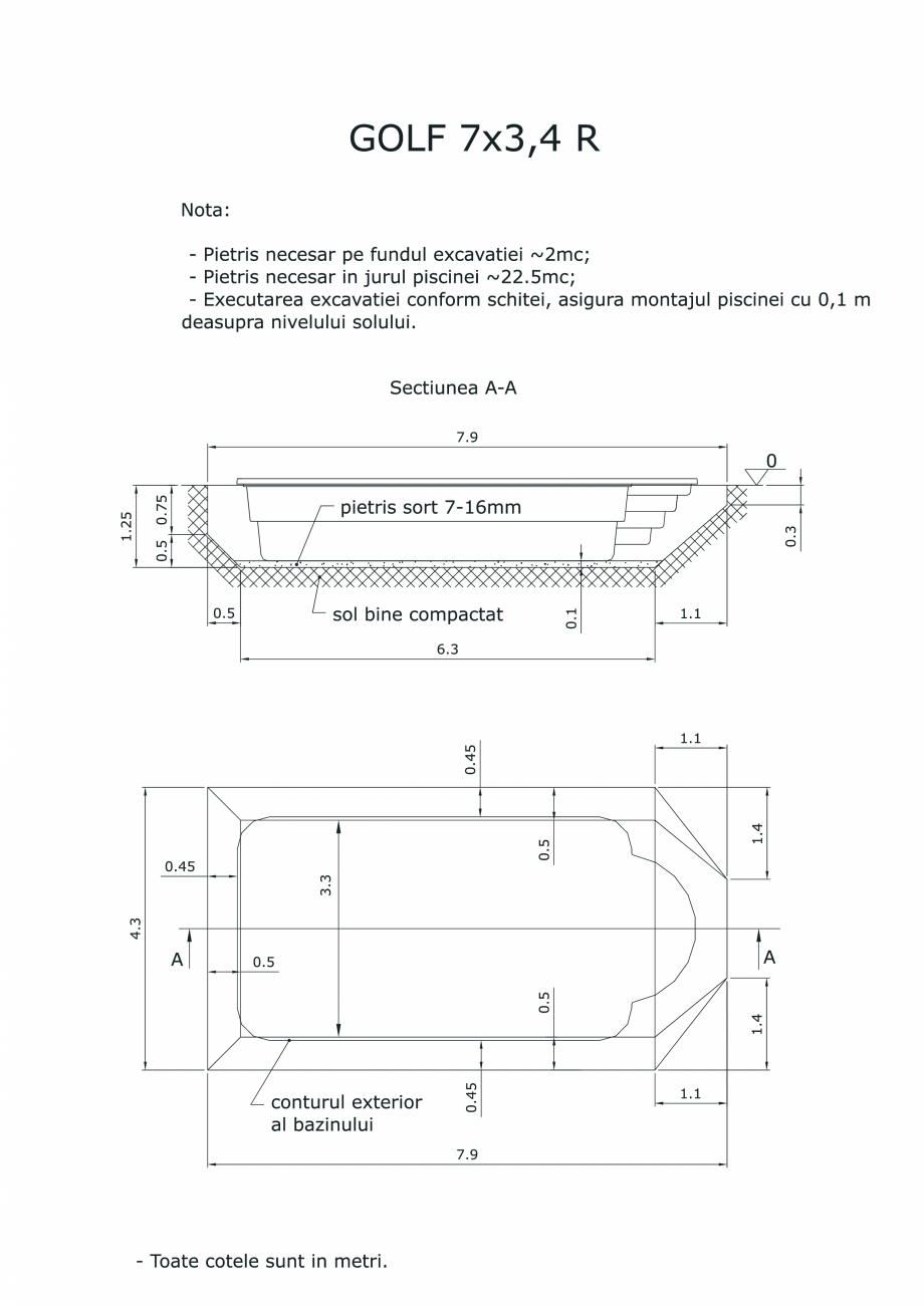 Pagina 1-CAD-PDF Schita excavatie piscina Golf 7X3,4  R SKYMIRROR Detaliu de montaj 