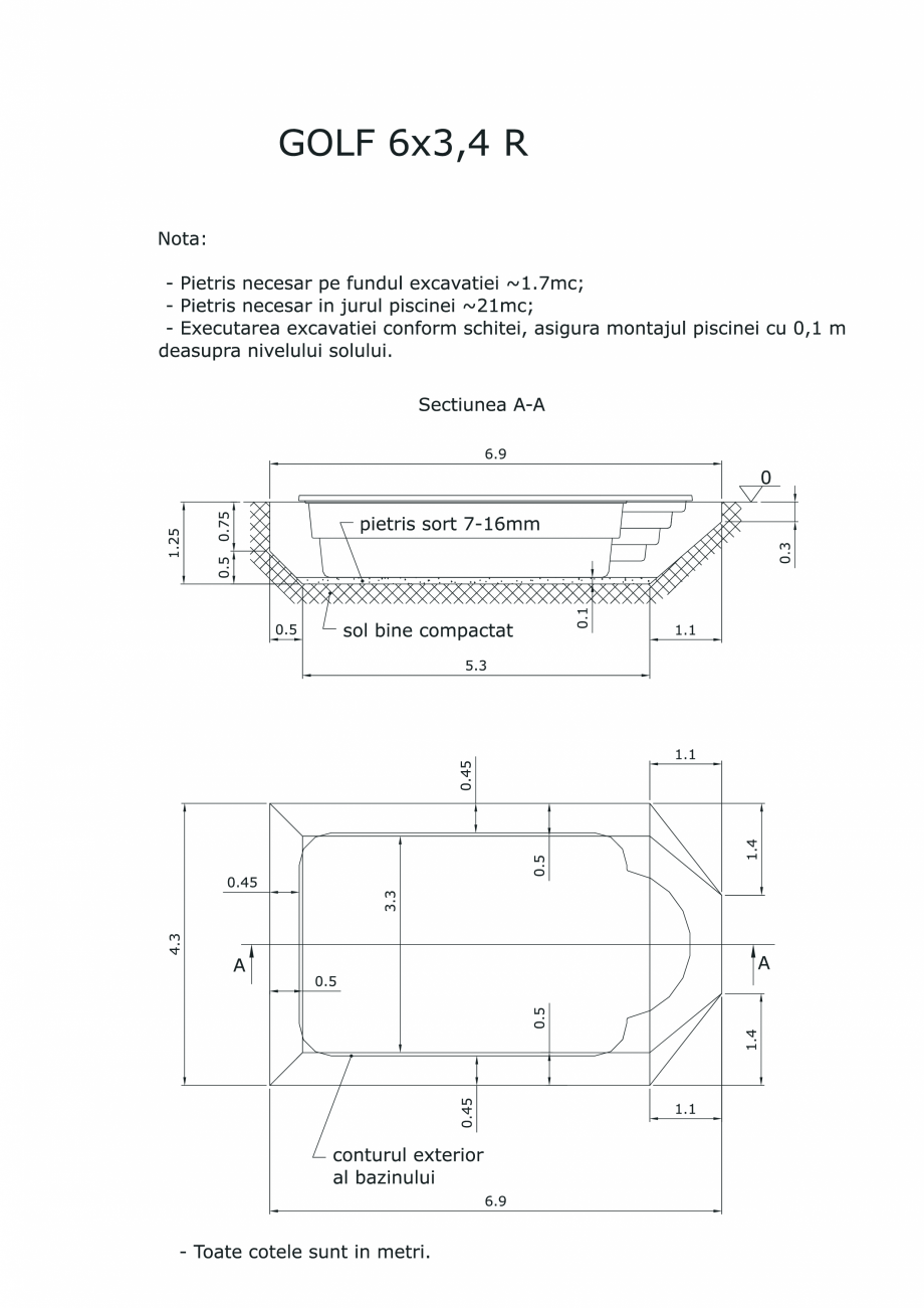 Pagina 1-CAD-PDF Schita excavatie piscina Golf 6X3,4  SKYMIRROR Detaliu de montaj 