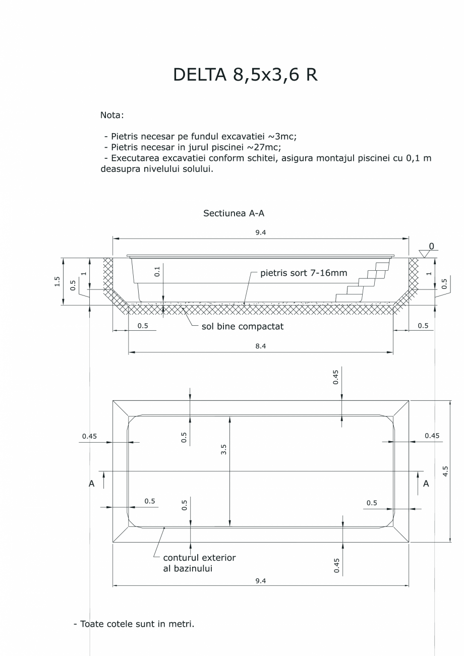 Pagina 1-CAD-PDF Schita excavatie piscina Delta 8,5 X3,6 R SKYMIRROR Detaliu de montaj 