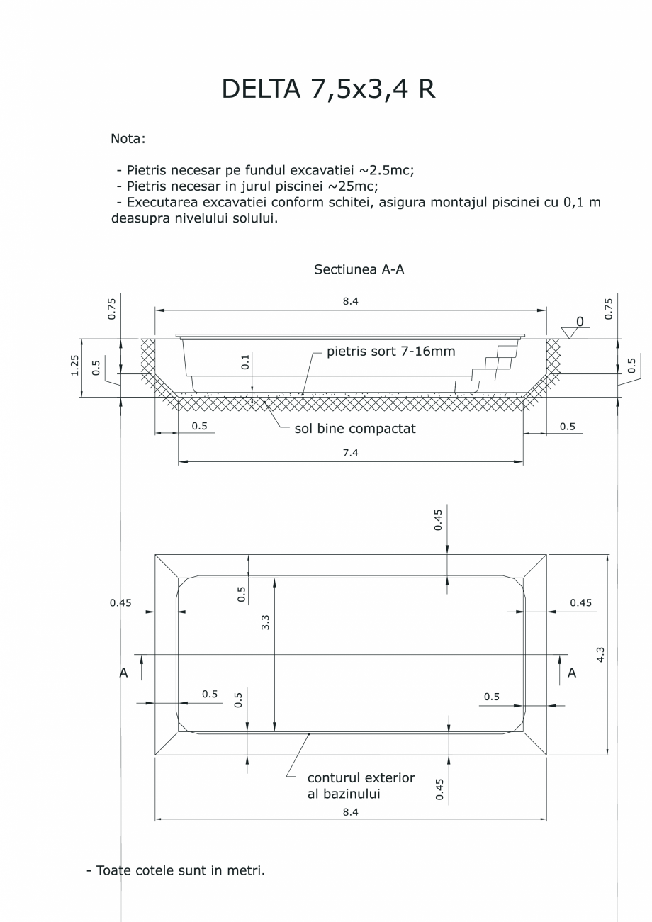Pagina 1-CAD-PDF Schita excavatie piscina Delta 7,5 X3,4 R SKYMIRROR Detaliu de montaj 