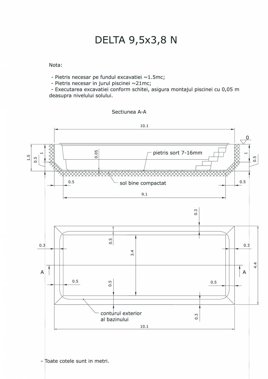 Pagina 1 - CAD-PDF Schita excavatie piscina Delta 9,5 X3,8 N SKYMIRROR Detaliu de montaj 