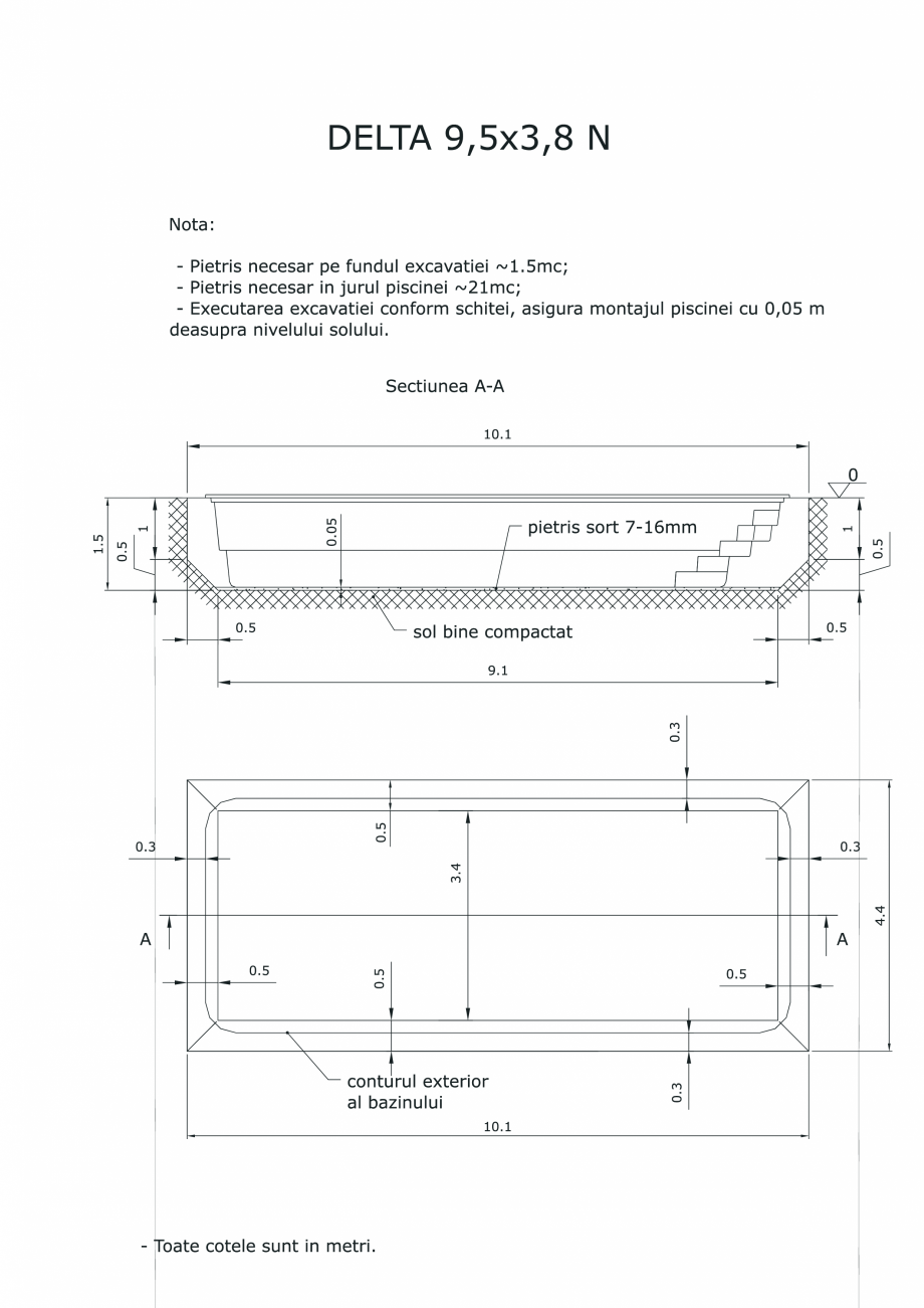 Pagina 1-CAD-PDF Schita excavatie piscina Delta 9,5 X3,8 N SKYMIRROR Detaliu de montaj 