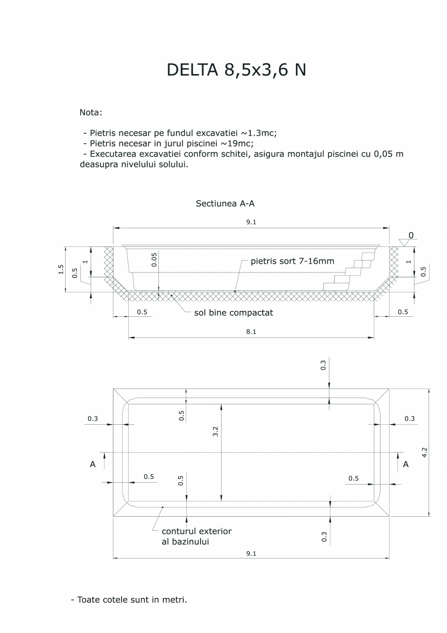 Pagina 1-CAD-PDF Schita excavatie piscina Delta 8,5 X3,6 N SKYMIRROR Detaliu de montaj 