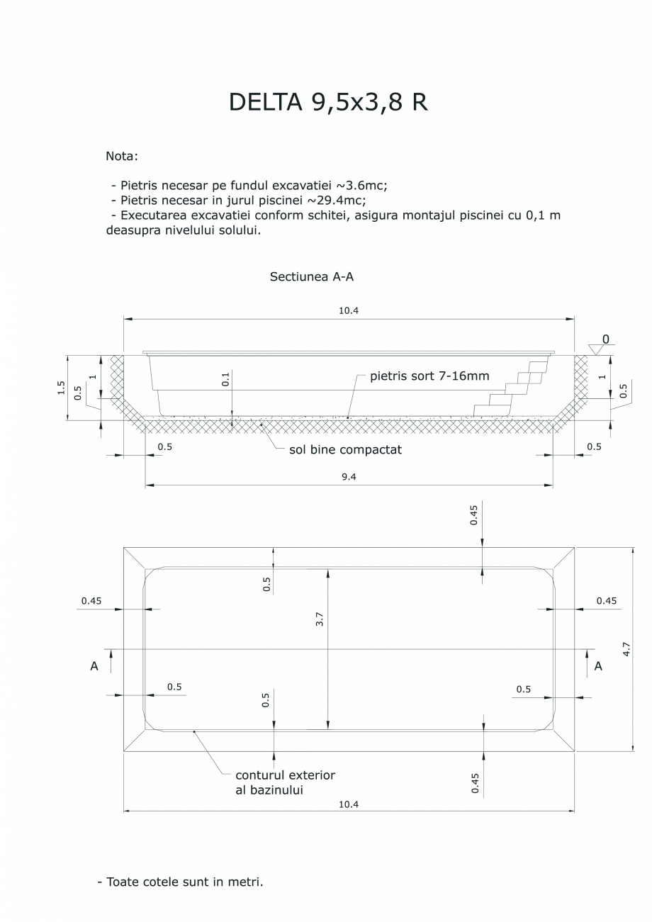 Pagina 1-CAD-PDF Schita excavatie piscina Delta 9,5 X3,8 R SKYMIRROR Detaliu de montaj 