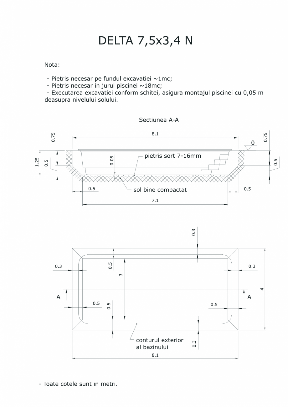 Pagina 1-CAD-PDF Schita excavatie piscina Delta 7,5 X3,4 N SKYMIRROR Detaliu de montaj 