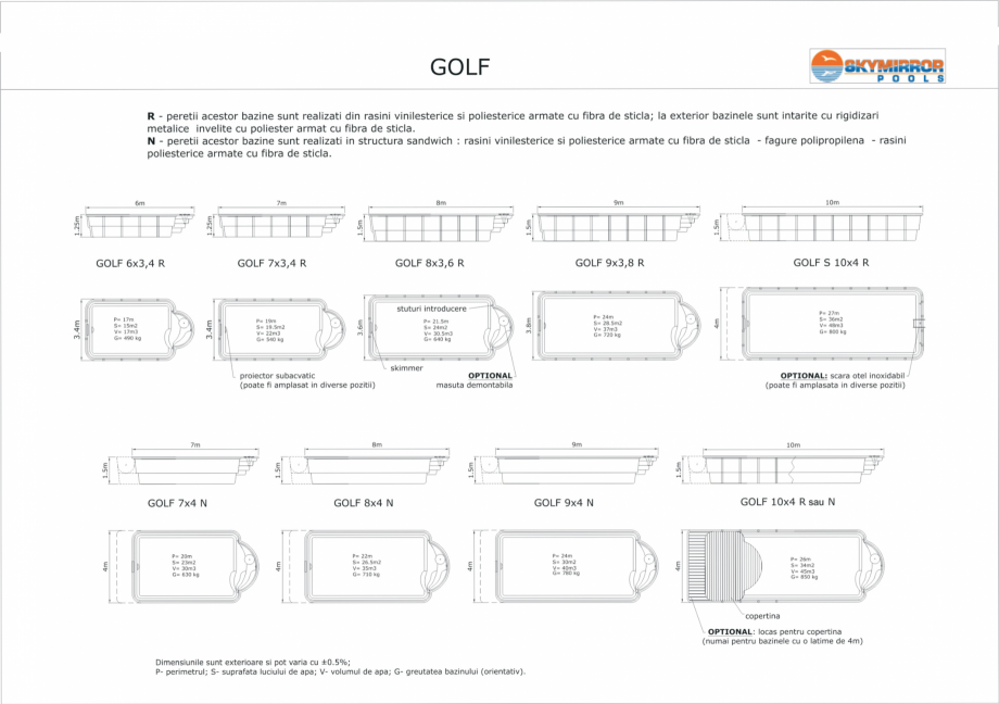 Pagina 1-Piscina rezidentiala din fibra de sticla SKYMIRROR GOLF Fisa tehnica Romana 