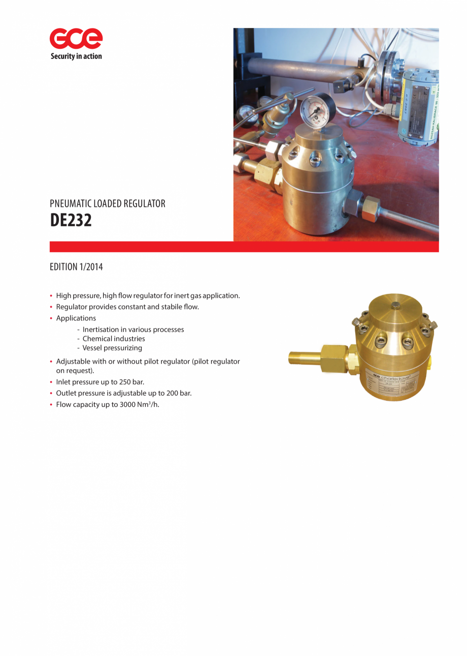 Pagina 1-Regulator de debit de inalta presiune pentru gaz inert TEHNIC GAZ GAS EQUIPMENT DE232 Fisa tehnica...