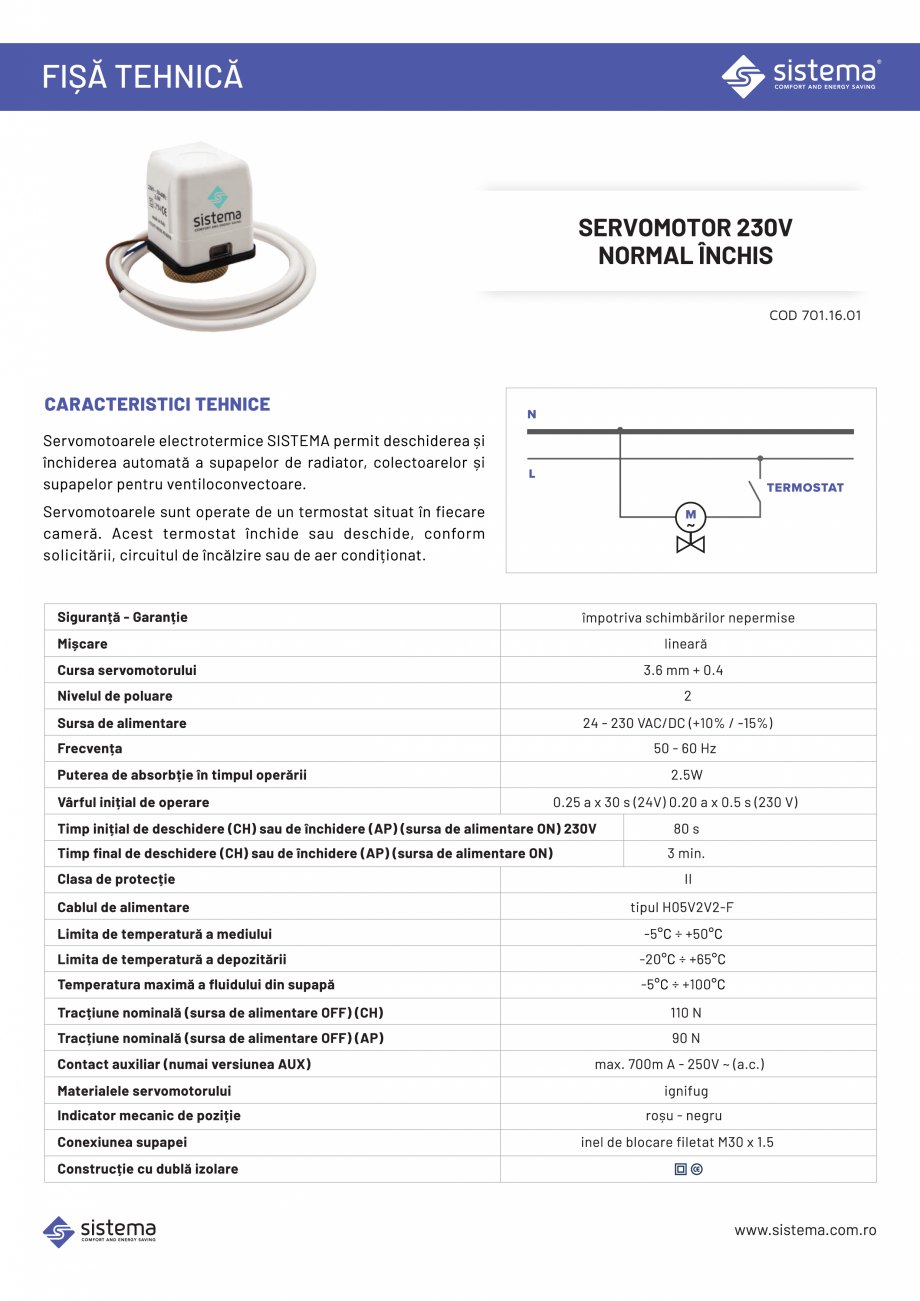 Pagina 1-Servomotor 230 V - normal inchis SISTEMA Servomotor 701.16.01 Fisa tehnica Romana 