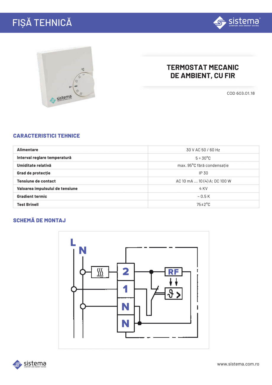 Pagina 1-Termostat mecanic de ambient, cu fir SISTEMA Termostat 603.01.18 Fisa tehnica Romana 