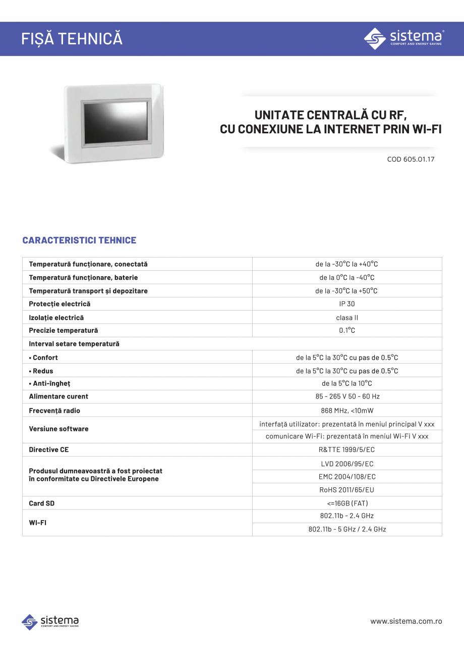 Pagina 1-Unitate centrala cu RF cu conexiune WI-FI sau prin cablu SISTEMA Unitate RF Instructiuni montaj,...
