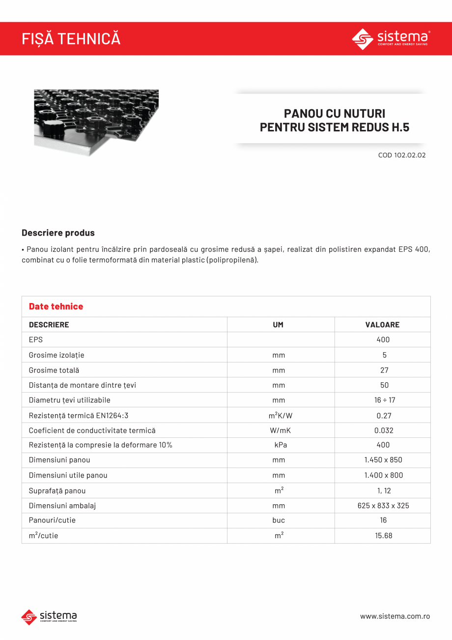 Pagina 1-Panou cu nuturi redus H.5 SISTEMA Panou H5 Fisa tehnica Romana 