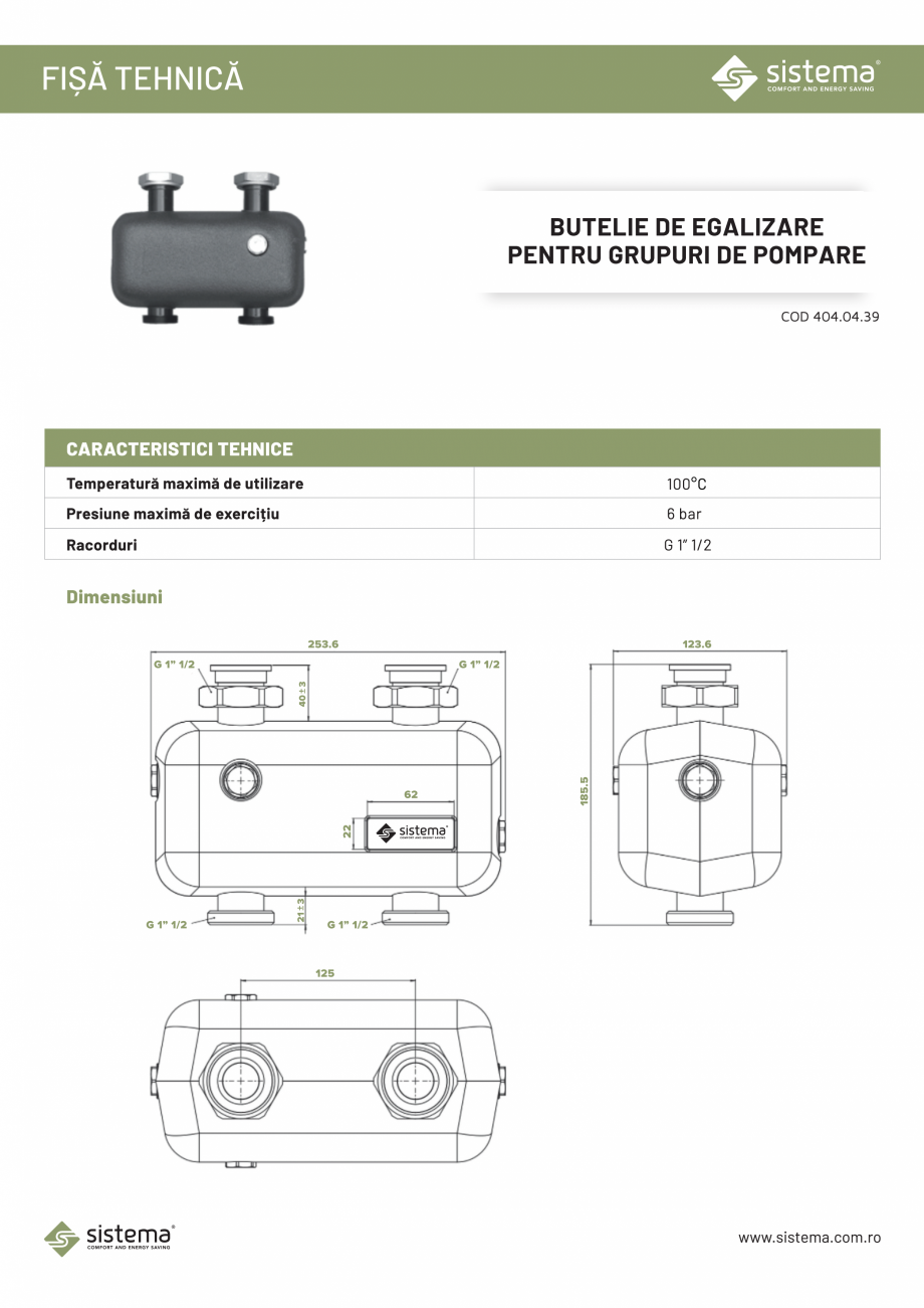 Pagina 1-Butelie de egalizare pentru grupuri de pompare SISTEMA Butelie 404.04.39 Fisa tehnica Romana 