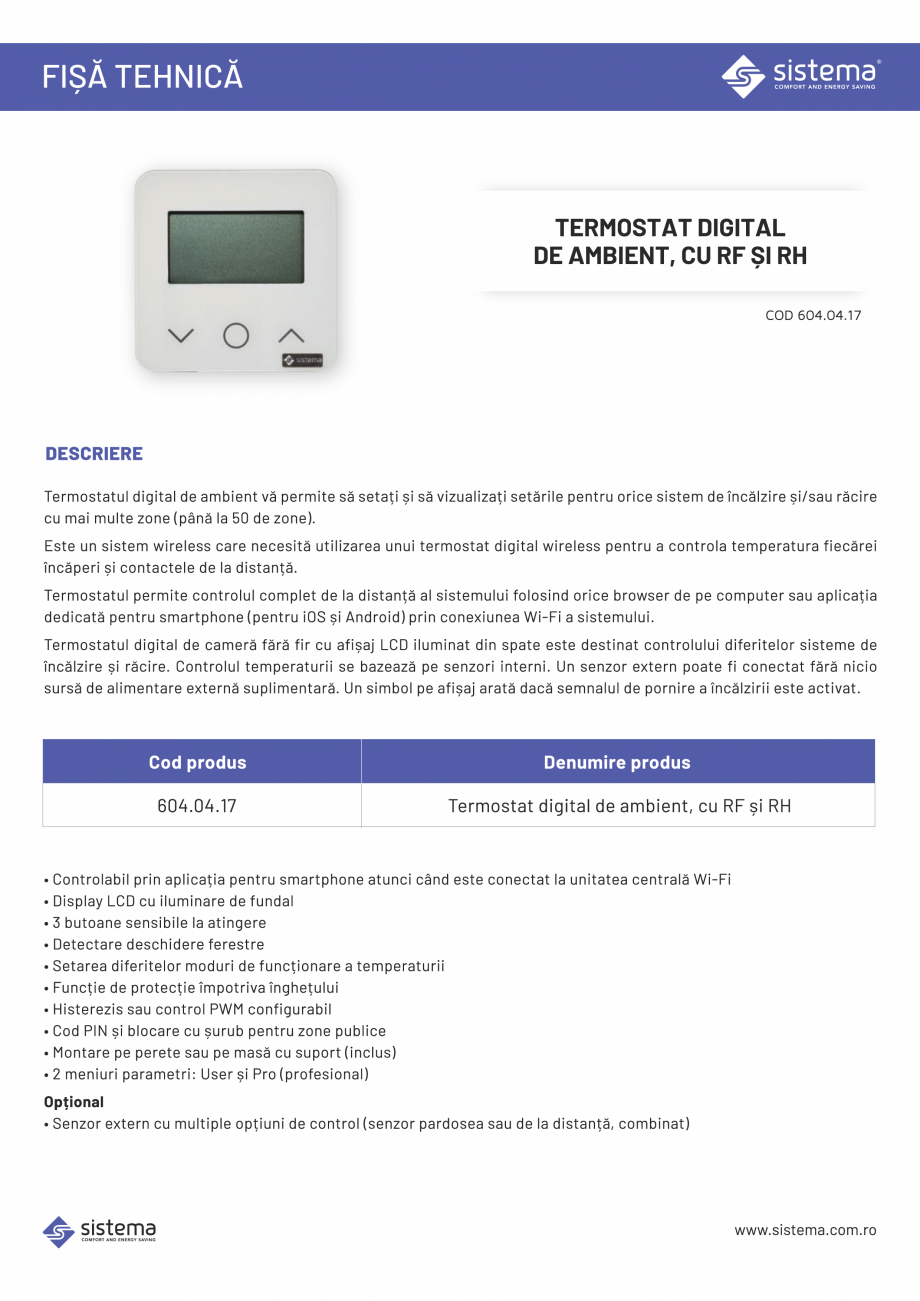 Pagina 1-Termostat digital de ambient, cu RF si RH SISTEMA Fisa tehnica Romana 