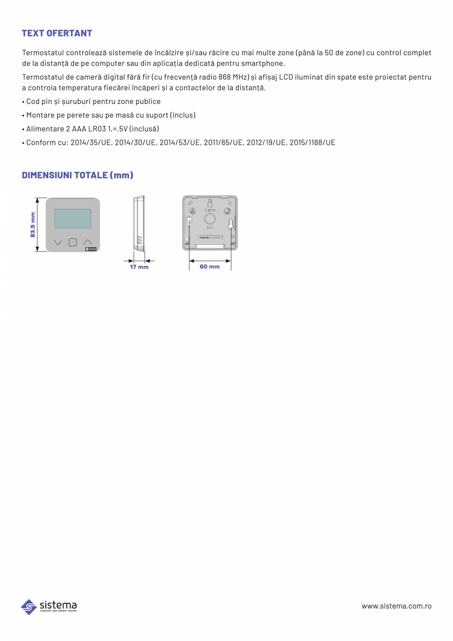 Pagina 3-Termostat digital de ambient, cu RF si RH SISTEMA Fisa tehnica Romana 