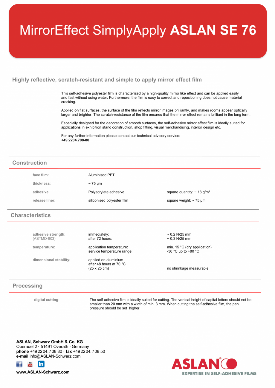 Pagina 1-Folie de oglinda stralucitoare ASLAN SE 75 Fisa tehnica Engleza MirrorEffect SimplyApply ASLAN SE 76...